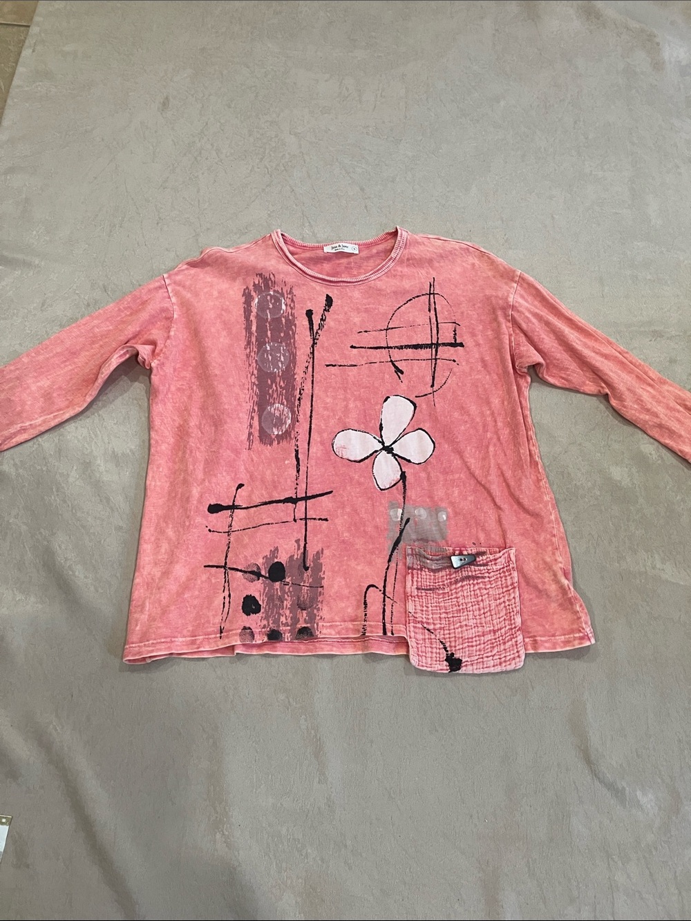 Jess & Jane Pink Mineral Wash Abstract Floral Patch Pocket Tunic Top - Small